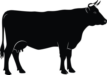 Black cow silhouette on white background, dairy cattle illustration, livestock farm animal design, rural agriculture symbol, simple cow shape art