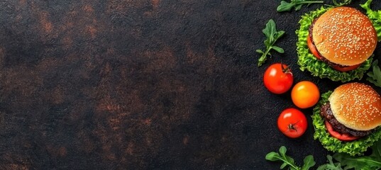 Freshly Made Burgers with Greens and Red Tomatoes on Dark Surface