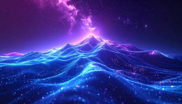 Abstract wavy landscape with glowing blue ridges and a purple, starlit sky above a mountain range - Powered by Adobe