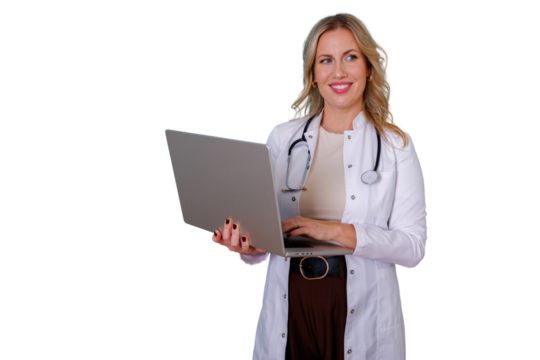 Female doctor working on laptop, providing innovative medical care, using telehealth and healthcare technology, transparent background
