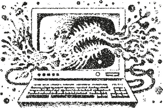 A surreal monster emerges from a laptop screen in a burst of energy. A creative concept of a computer virus or digital nightmare in a stipple vector style.
