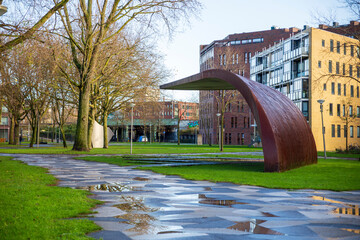 The outdoor furniture and the residence buildings in Funenpark, winter amsterdam
