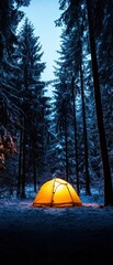 Cozy Glow of Tent Among Tall Pine Trees in Winter Forest Scene