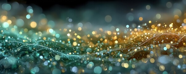 Abstract teal and gold bokeh lights creating a magical shimmering effect