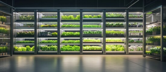Modern Vertical Farm with Shelves of Green Plants Under LED Grow Lights for Sustainable Indoor Agriculture