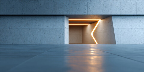 Minimalist concrete interior with geometric illuminated wall and ceiling lines creating modern architectural space