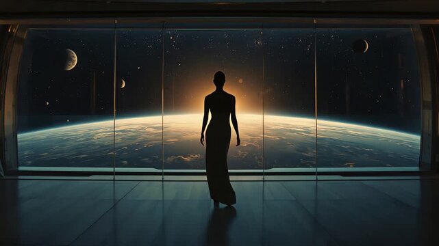 Shadowed commander views rising sun through curved observation window