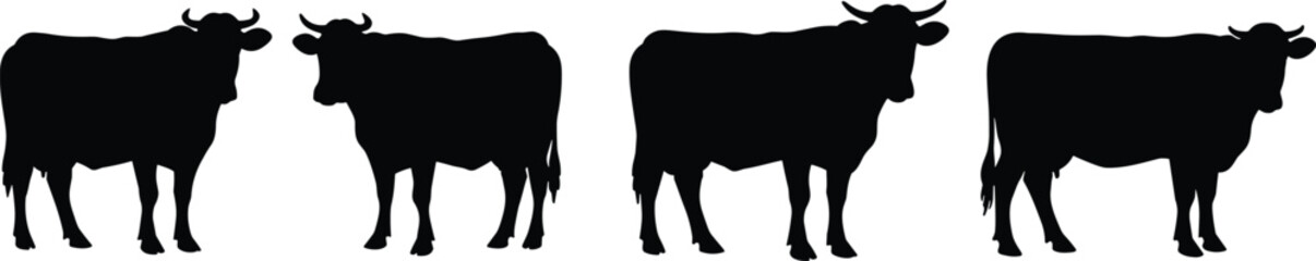 Black cow silhouettes standing in a row, livestock animal shapes, farm cattle herd design, rural agriculture concept, vector illustration
