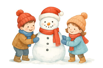 Children Building a Snowman &ndash; Cute Watercolor Illustration