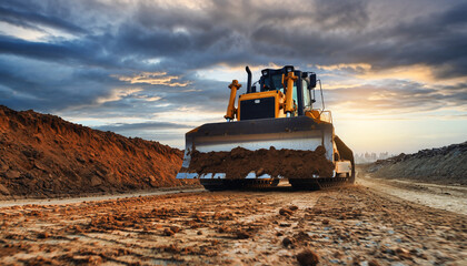Powerful bulldozer pushing earth at a construction site, showcasing industrial strength and efficient land clearing under a dramatic sky at sunset