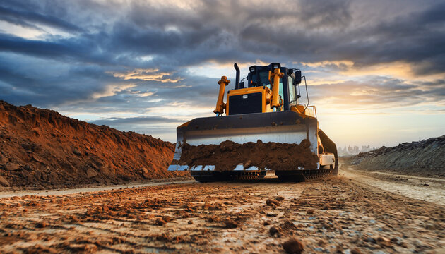 Powerful bulldozer pushing earth at a construction site, showcasing industrial strength and efficient land clearing under a dramatic sky at sunset