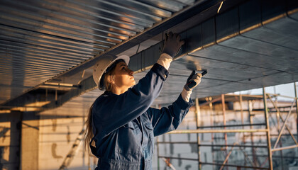 Dedicated woman hardhat works on metal ceiling construction site, ensures safety, precision, and quality workmanship for infrastructure project