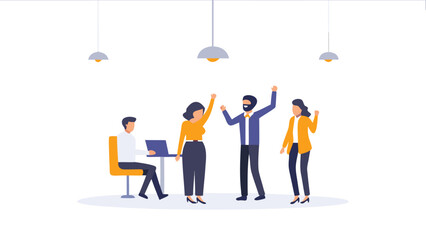 A diverse team of professionals joyfully celebrating the successful completion of a significant project depicted in a vibrant and modern vector illustration