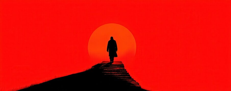 Silhouette of a man walking towards the fiery red setting sun