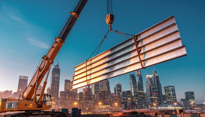 Crane hoisting steel girders against a vibrant cityscape at dusk for urban infrastructure projects, showcasing construction progress and engineering might