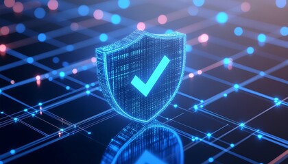 Digital Security Shield: A radiant, futuristic shield, glowing with an intricate network of data streams, embodies the essence of protection and secure online environments.