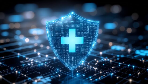 Cyber Shield of Well-being: A glowing digital shield, emblazoned with a medical cross, symbolizes security and protection in the digital healthcare realm, safeguarding vital data and health.