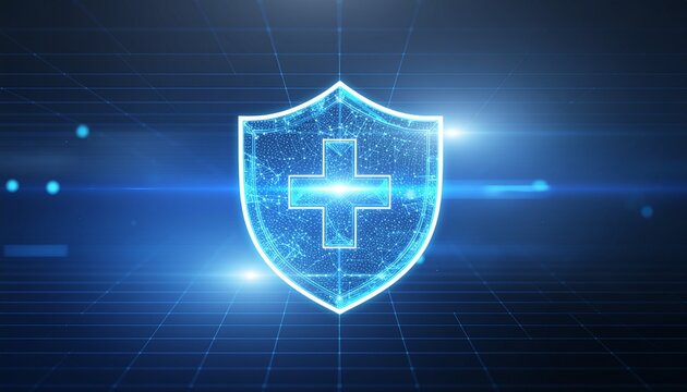 Digital Health Shield: A vibrant shield of healthcare, symbolized by a glowing cross, serves as a dynamic emblem for protection and well-being.