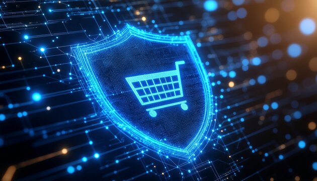 Digital Commerce Shield: A glowing digital shield, showcasing a shopping cart, symbolizes the protection of online transactions and secure shopping experiences. 