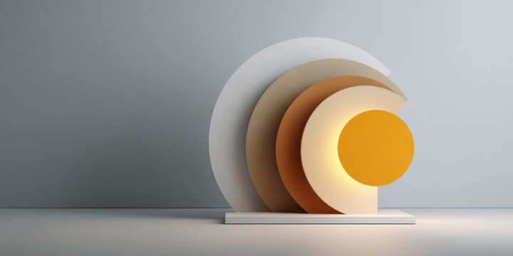 Abstract geometric sculpture with layered semicircles and a glowing yellow circle on a minimalist surface against a neutral gray background