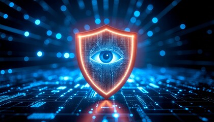 Cyber Shield: Digital eye within a luminous shield symbolizes robust online security, protection from cyber threats. Illustrating safety and privacy.