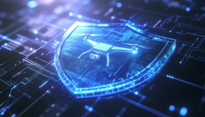 Drone Security: A futuristic shield emblazoned with a drone design, illuminated with a blue glow, signifying protection and advanced technology in the realm of aerial devices.