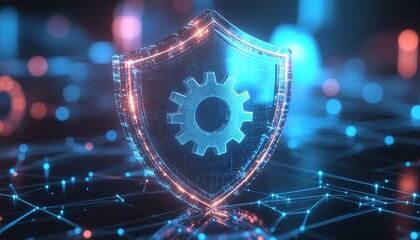 Digital Shield: A visual metaphor for cybersecurity, showcasing a glowing shield with cog icon set against a network background.