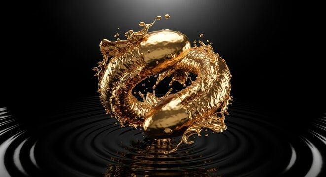Two golden koi fish leap amidst liquid creating ripples The background is dark enhancing the golds shine