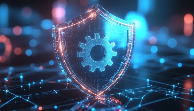 Digital Shield: A visual metaphor for cybersecurity, showcasing a glowing shield with cog icon set against a network background.