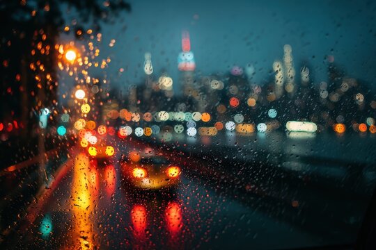Rainy city lights viewed through a window with water droplets
