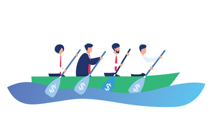 Diverse team of entrepreneurs rowing a boat together across a financial ocean symbolizing teamwork and shared success in business ventures