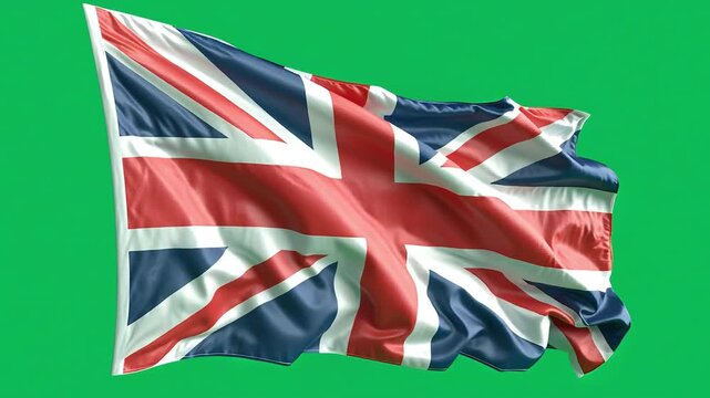Union Jack in the Breeze: The iconic flag of Great Britain waves gently against a vibrant green backdrop, its classic design a symbol of national pride and history.