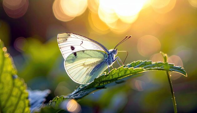 A delicate white butterfly with black spots on its wings rests on a vibrant green leaf, illuminated by the warm glow of the setting sun. - Powered by Adobe