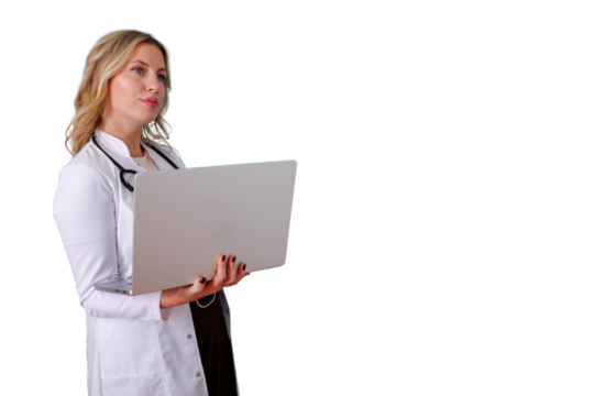 Female doctor using laptop, providing healthcare technology solutions and modern medical assistance, on transparent background