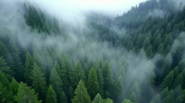 Aerial view of evergreen pine tree forest in Redwood National and State Parks, California, USA. Drone flying in sky with clouds over wild woods. Scenery of morning fog covered tree tops, 4k footage 