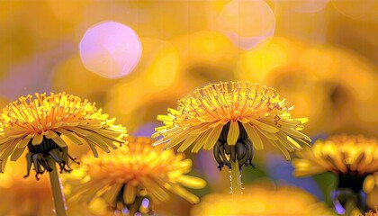 A macro shot of several bright yellow dandelions in a field, with a soft, blurred background of yellow and purple bokeh lights.