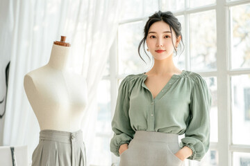 Young Asian female fashion designer stands with hands in pockets next to mannequin in her brightly lit studio, perfect for showcasing creative professions or entrepreneurial ventures
