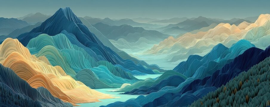 Abstract layered mountain landscape with textured ridges and calming hues