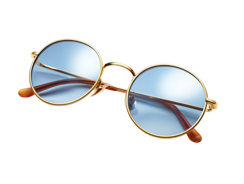 Round eyeglasses gold frame, light blue lenses on a black backdrop - Powered by Adobe