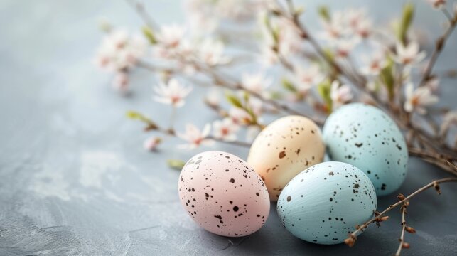 Pastel colored speckled Easter eggs with spring blossom branches. Holiday decoration on a gray textured background. Happy Easter concept with copy space for text