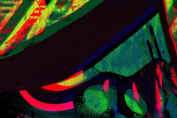 Abstract neon multicolor glitch art. Funky 80s, Y2K style, with fluorescent glow, digital patterns. Retro halftone grunge street art. Reels, social media, creative web design, modern 90s, 2000s visual