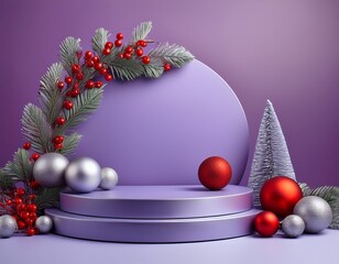 Empty purple podiums on lilac background with silver and red ball decorations and holly branches with red berries. Christmas concept