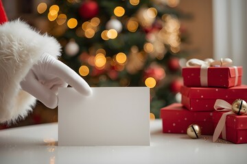 Santa Claus holding a blank sheet of paper. greeting, Christmas, empty, message, card, December.
