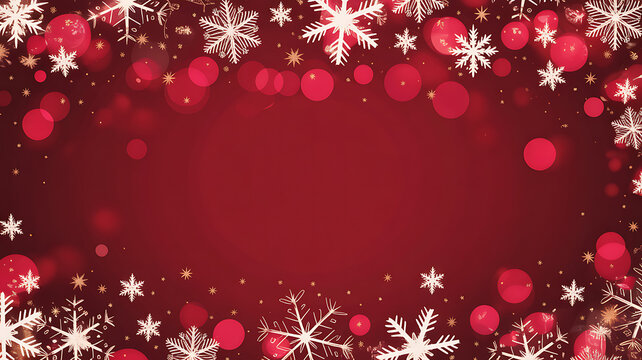 Festive red christmas background with snowflakes and bokeh lights