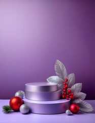 Empty purple podiums on lilac background with silver and red ball decorations and holly branches with red berries. Christmas concept
