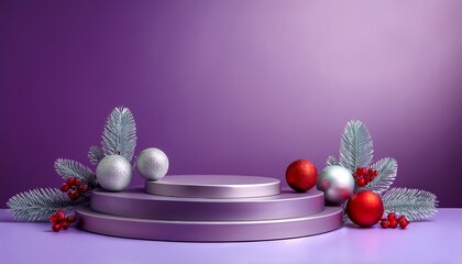 Empty purple podiums on lilac background with silver and red ball decorations and holly branches with red berries. Christmas concept