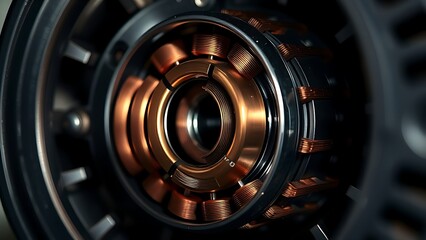 segments. Copper segments and brushes inside an electric motor, detailed engineering view. product launch decks, UI/UX mockups, designed for product launches and innovation pitches.