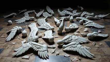 angel. Broken wing sculptures scattered on the ground, symbolic representation of lost freedom in marble. wellbeing guides.