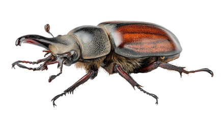 Detailed rhinoceros beetle illustration with prominent horns on transparent background
