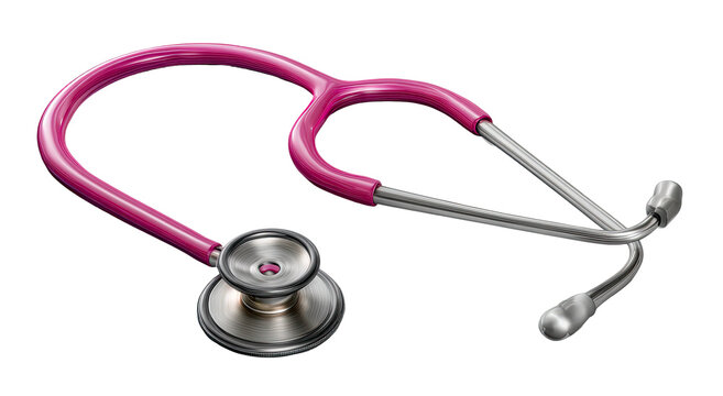 Detailed pink stethoscope isolated with silver accents on transparent background